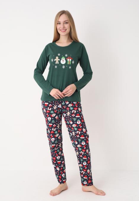Pijama dama Craciun,maneca lunga si pantaloni lungi,imprimeu figurine festive, En-gros